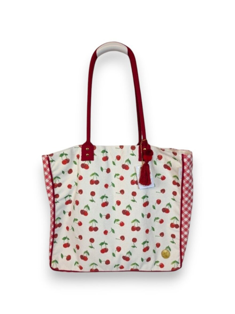 Papyrus Cherry And Gingham Canvas Tote Bag with Red Tassel X Large NWT